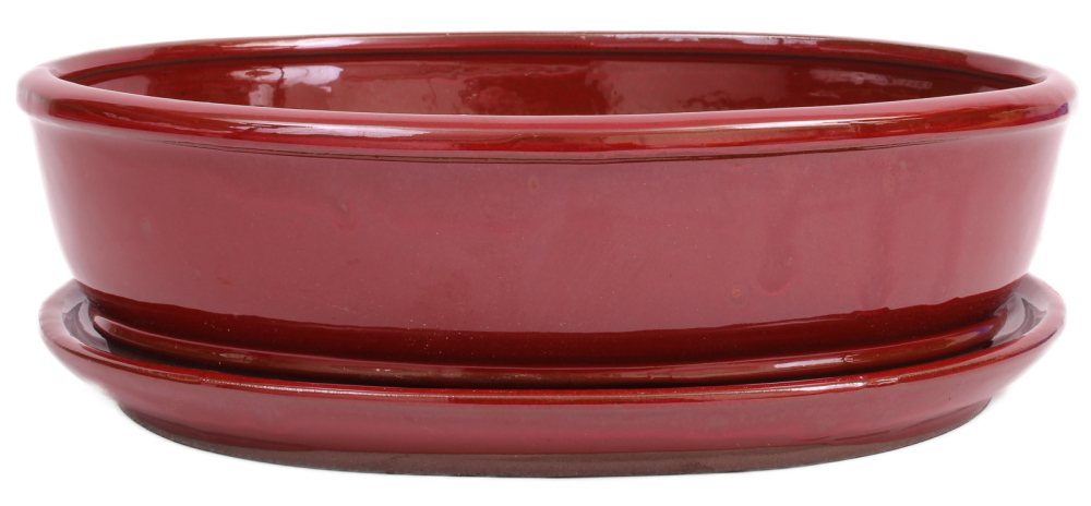 Bonsai - Schale oval 31 x 24.5 x 9 cm braunrot mit Untersetzer 41128