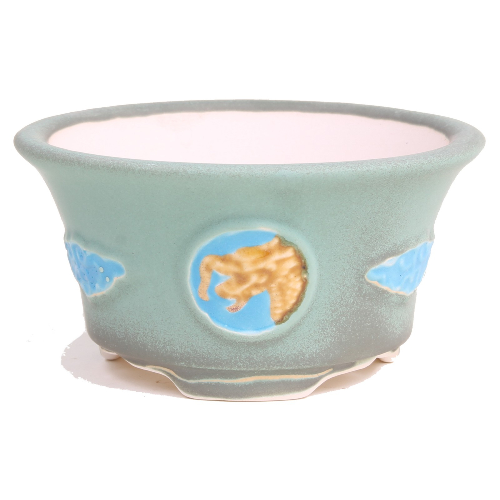 Bonsai - Schale, Kaskadenschale mit Relief, rund 12 Ø x 6  cm, grün / braun   50813