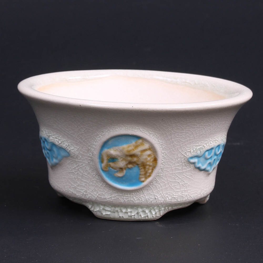 Bonsai - Schale, Kaskadenschale mit Relief, rund 12 Ø x 6  cm, cremefarben   50815