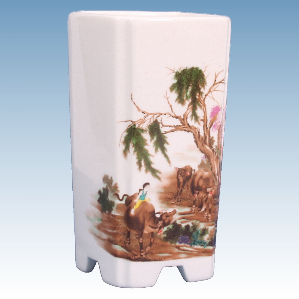 Bonsai - Schale, Kaskadenschale, eckig 10 x 10 x 18 cm, weiss mit Motiv   50858