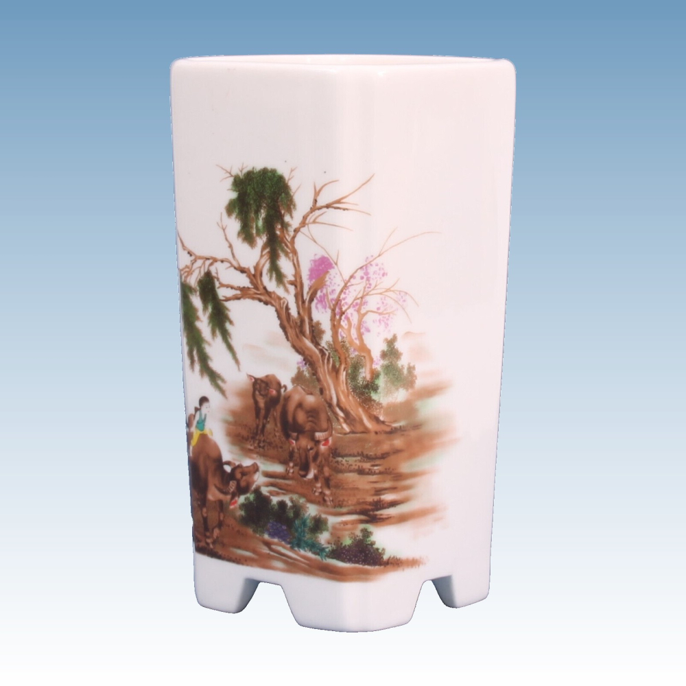 Bonsai - Schale, Kaskadenschale, eckig 10 x 10 x 18 cm, weiss mit Motiv   50858