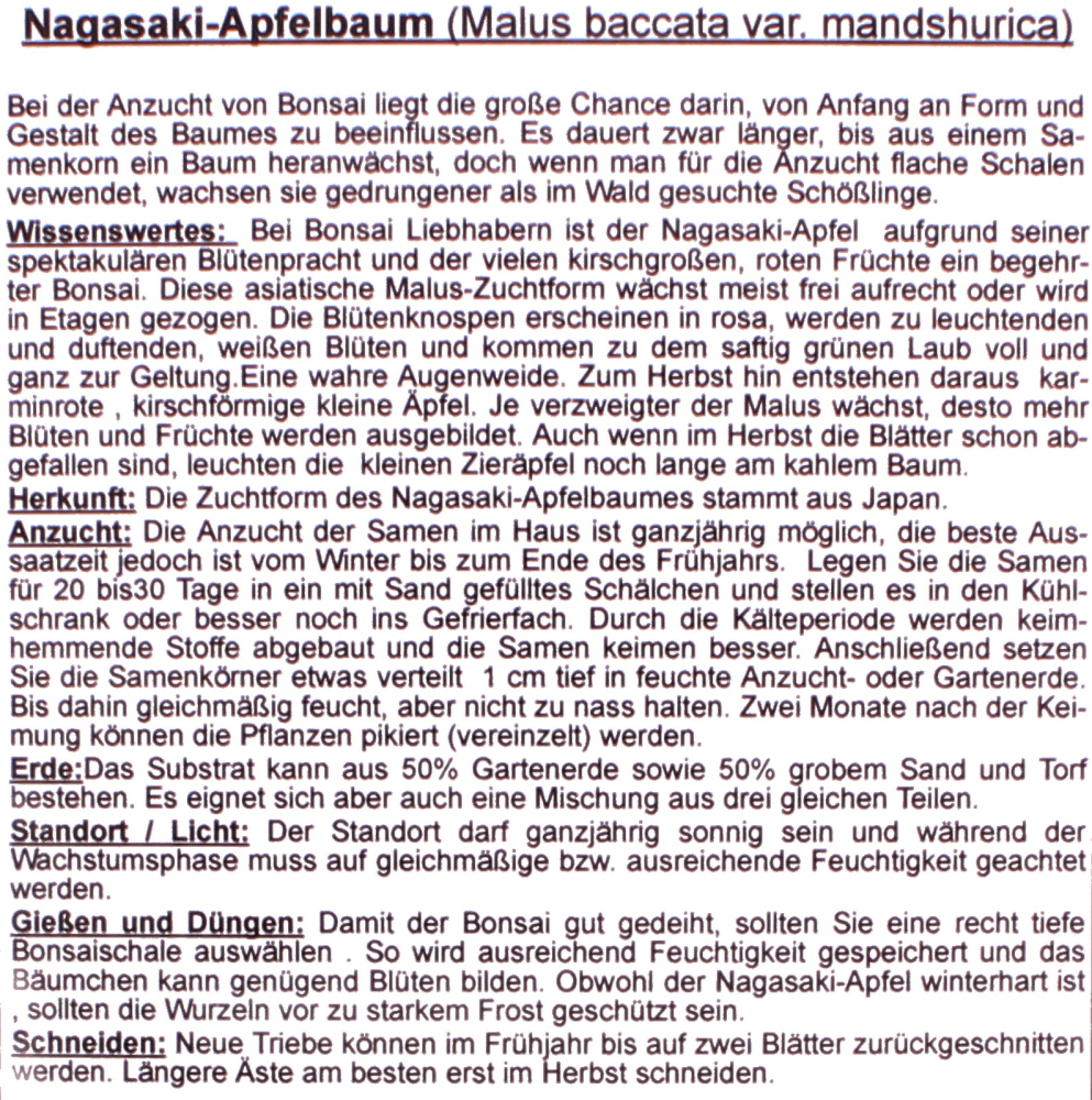 Bonsai - 30 Samen Malus baccata var. mandshurica - Nagasaki-Apfelbaum 90134